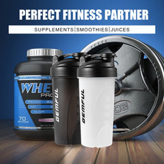 Two GEMFUL protein shaker bottle BPA-free in black and white with whey protein tub and weight plate