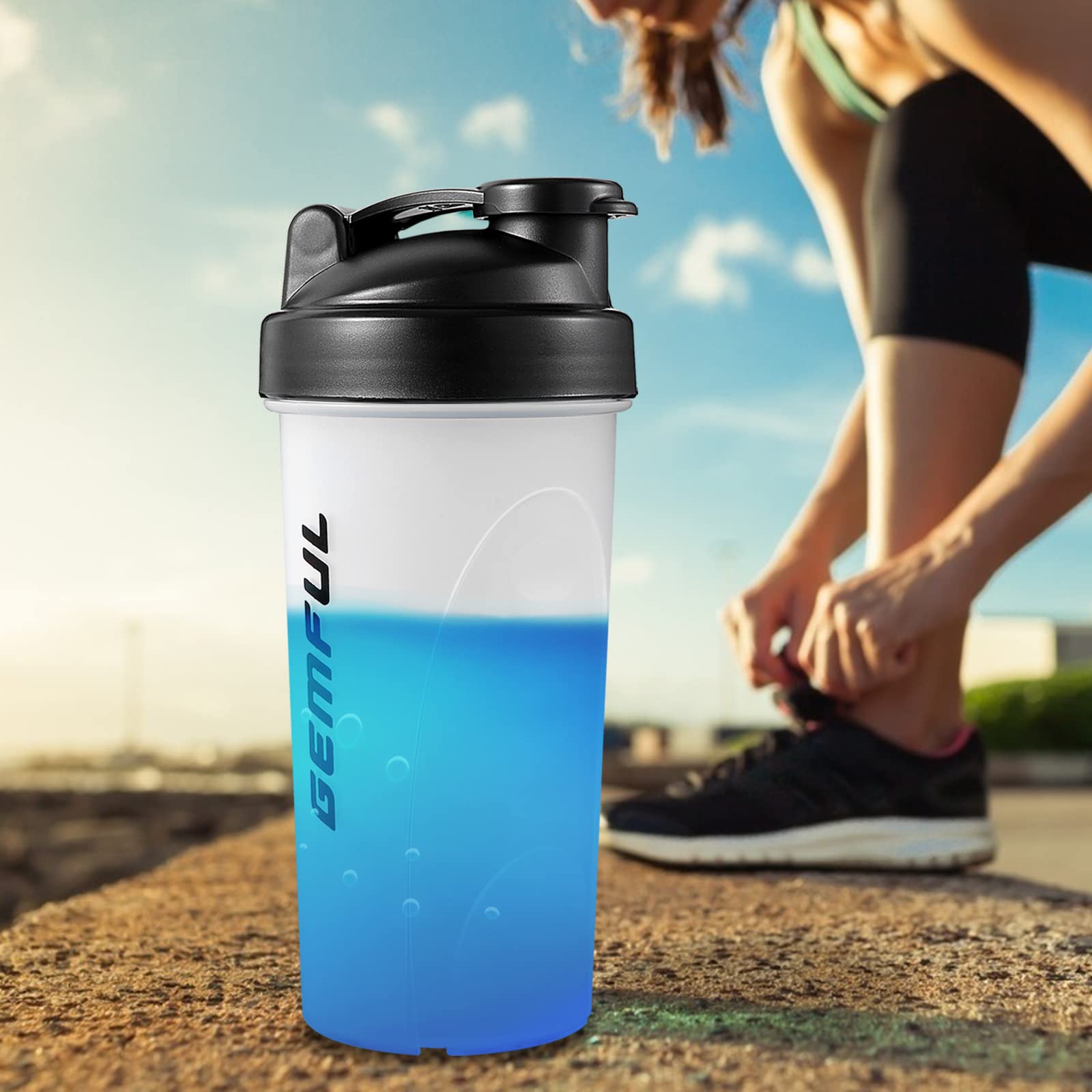 GEMFUL blue and white protein shaker bottle BPA-free with black flip lid shown outdoors by runner tying shoe