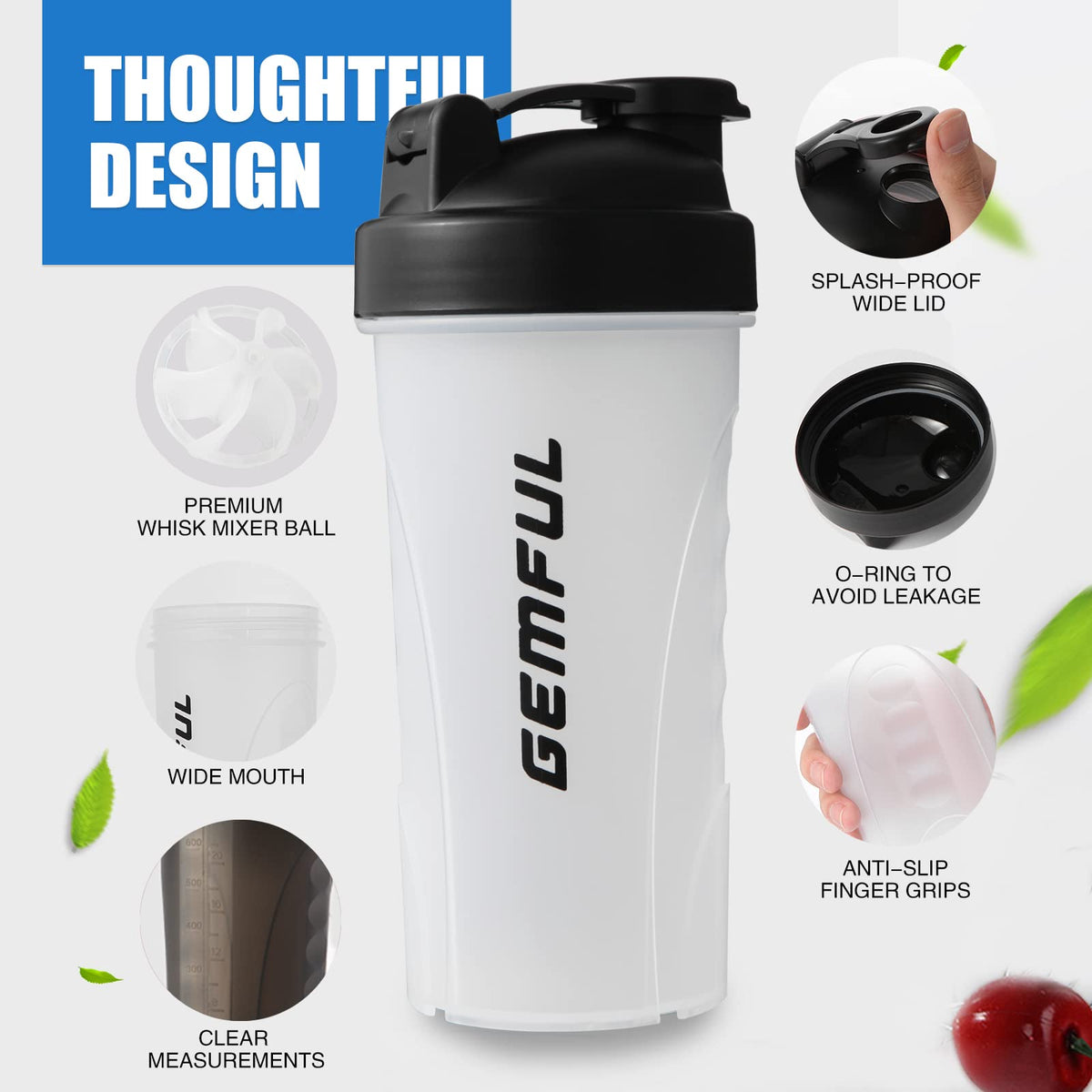 GEMFUL white protein shaker bottle BPA-free with black splash proof lid whisk ball measurement marks anti slip grips