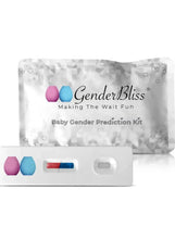 GenderBliss baby gender prediction kit in clear pouch with test cards and dropper