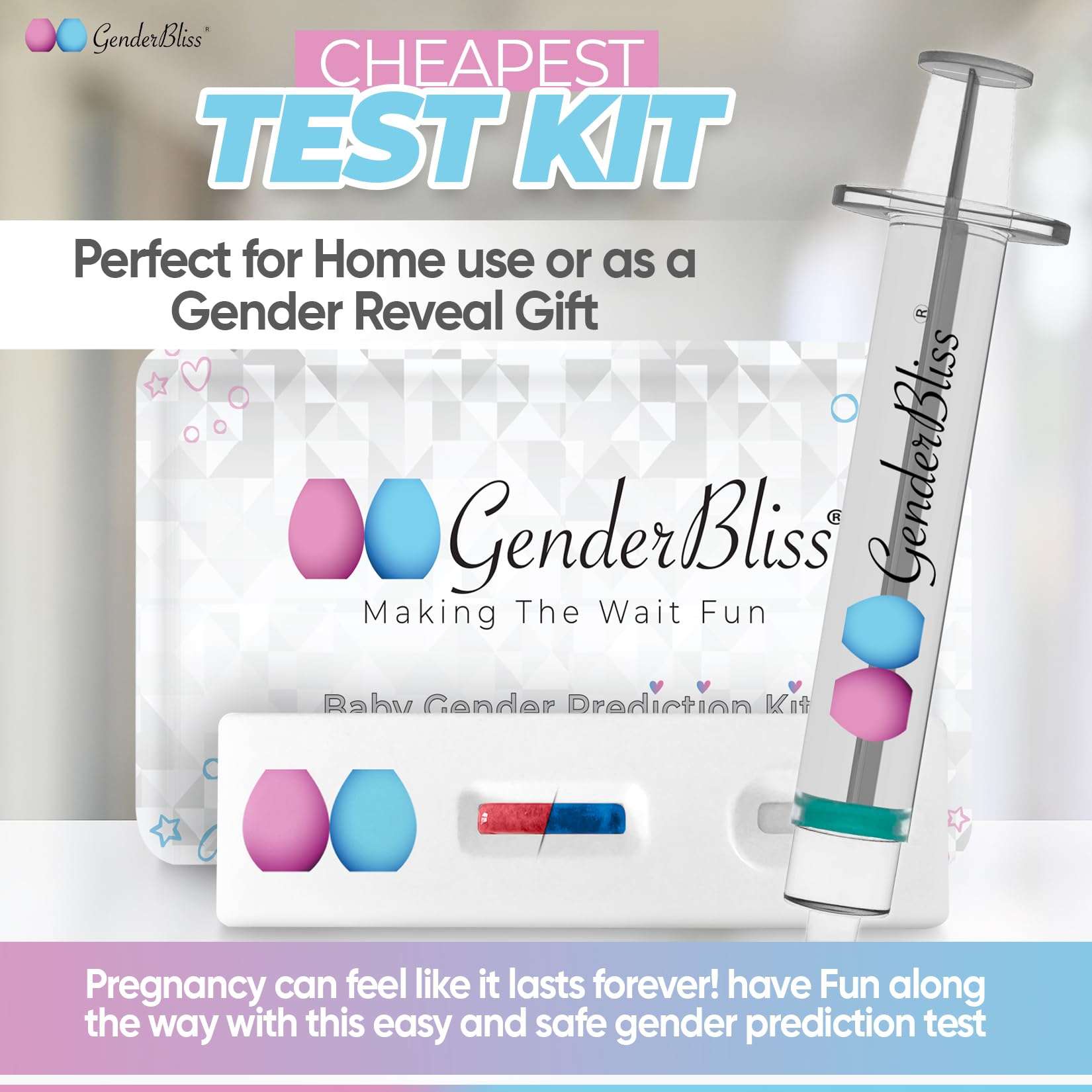 GenderBliss early baby gender prediction kit box with test cassette syringe and color indicator