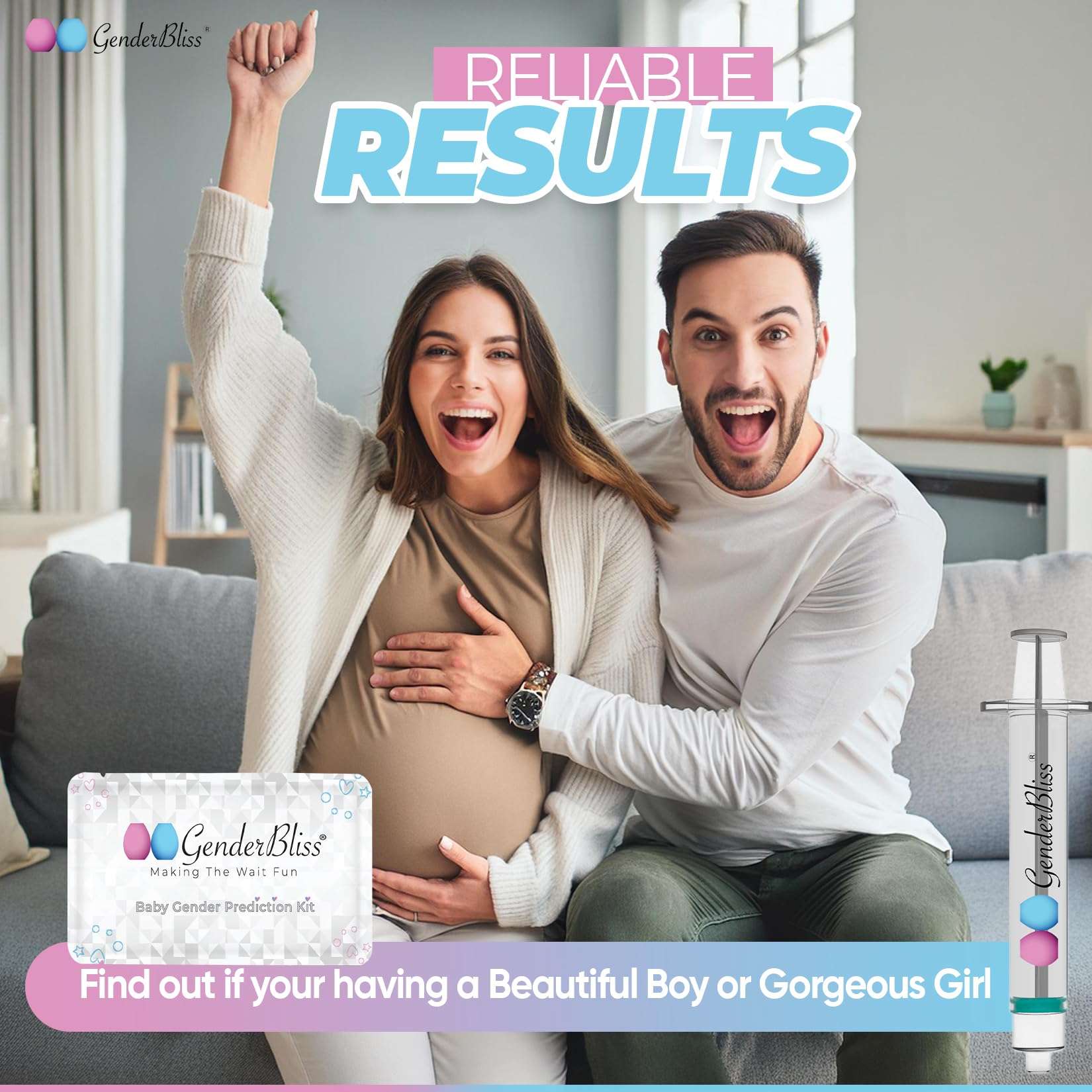 Excited couple with pregnant belly holding GenderBliss early baby gender prediction kit box and test