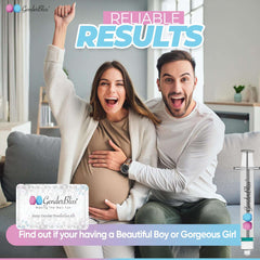 Excited couple with pregnant belly holding GenderBliss early baby gender prediction kit box and test