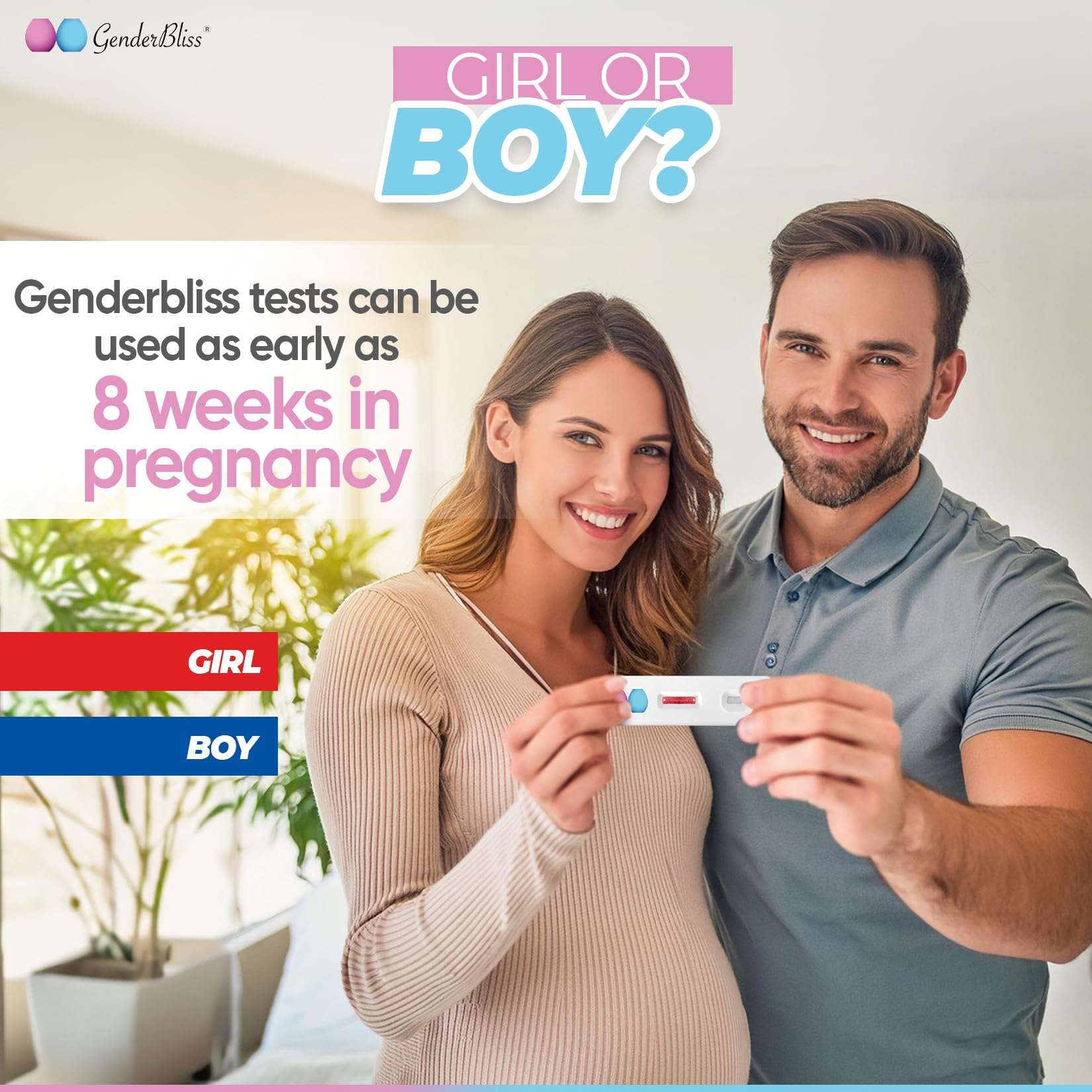 Pregnant couple smiling and holding an early baby gender prediction kit test strip at home showing result