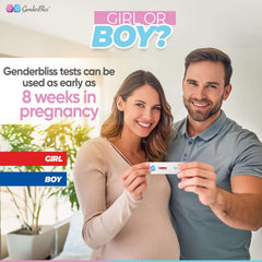 Pregnant couple smiling and holding an early baby gender prediction kit test strip at home showing result