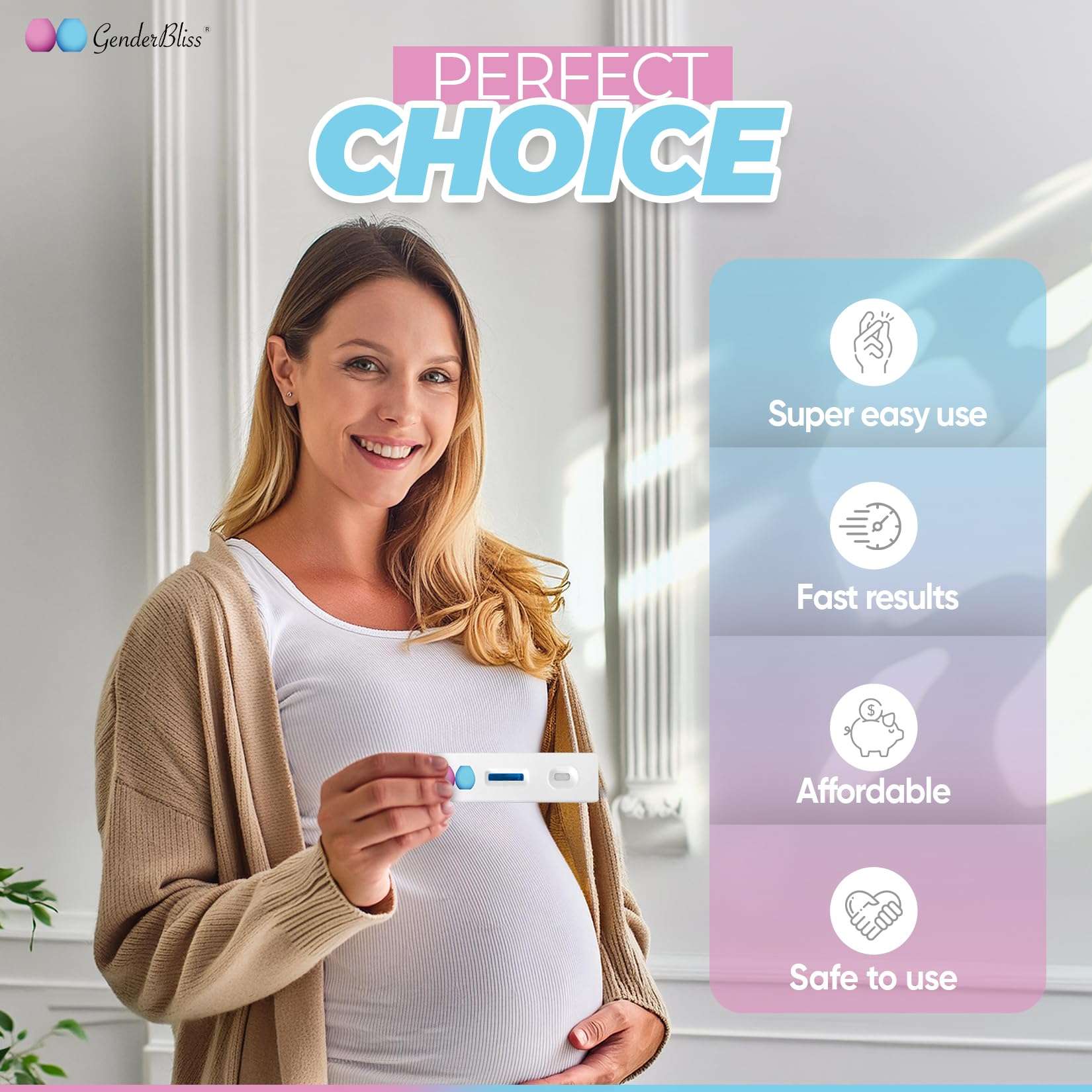 Pregnant woman smiling holds early baby gender prediction kit test stick at home showing benefits overlay