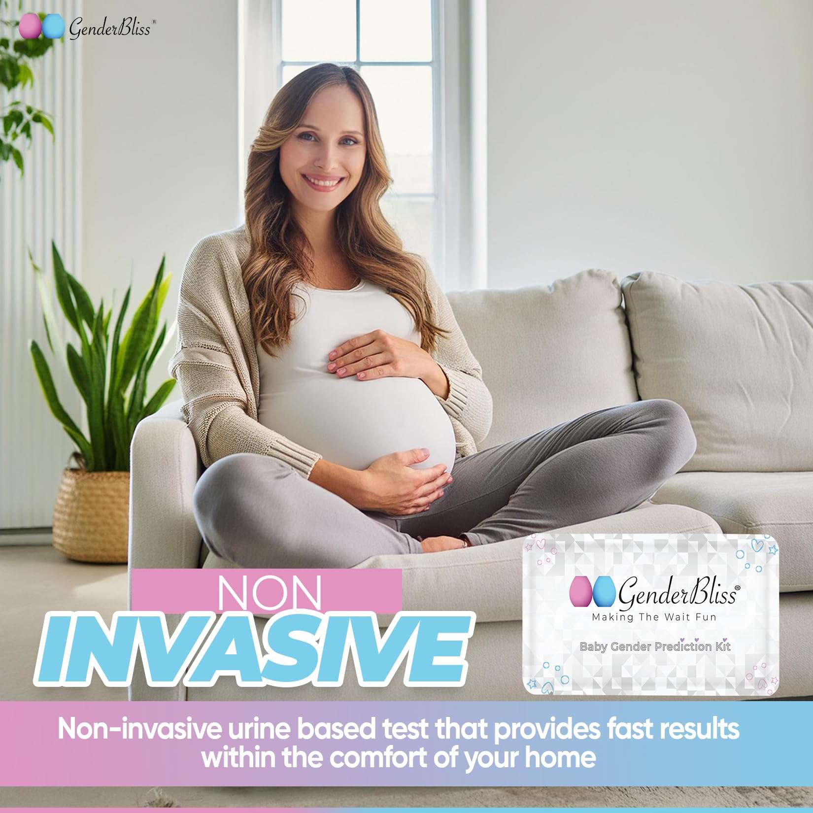 Smiling pregnant woman on couch holding belly next to GenderBliss box for early baby gender prediction kit