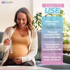 Pregnant woman holding an early baby gender prediction kit test device with easy to use step by step instructions