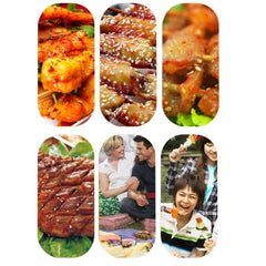 Grilled meat and chicken with 10 piece BBQ tool set for grilling at outdoor picnic with happy friends