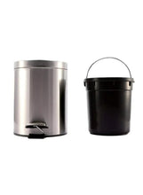 Stainless steel and black pedal waste bins with swing-top lids and step pedals