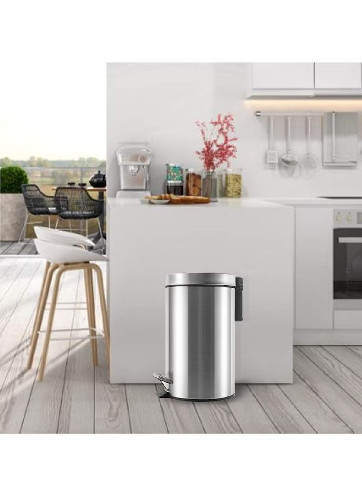 Huitich 12L stainless steel pedal bin placed in modern kitchen with white cabinetry and wooden flooring