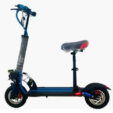 Electric scooter with black deck, blue frame, front headlight, rear tail light