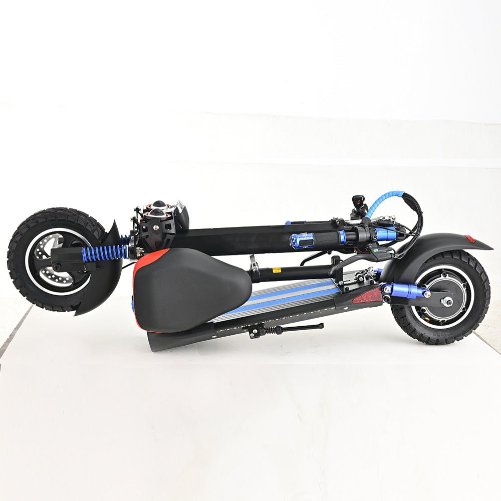 Folded Aster 2000W urban commuter scooter with black and blue design and durable tires