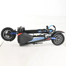Electric scooter side view with blue accents, gray seat, and large tires