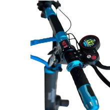 Electric scooter handlebar with blue grips, control display, and brake levers