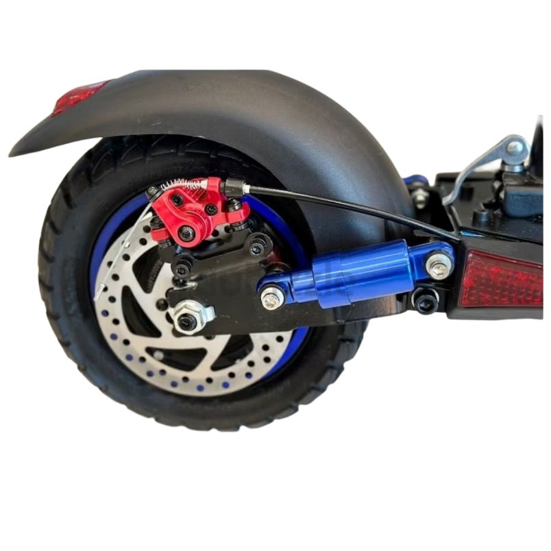 Close-up of rear wheel and suspension on Aster 2000W urban commuter scooter with disc brake