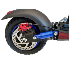 Close-up of rear wheel and suspension on Aster 2000W urban commuter scooter with disc brake