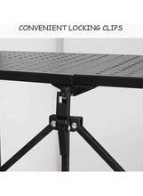 Black locking clip and perforated top shelf on a 3-tier rolling organizer