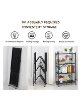 Black 3-tier rolling shelf shown folded for compact storage
