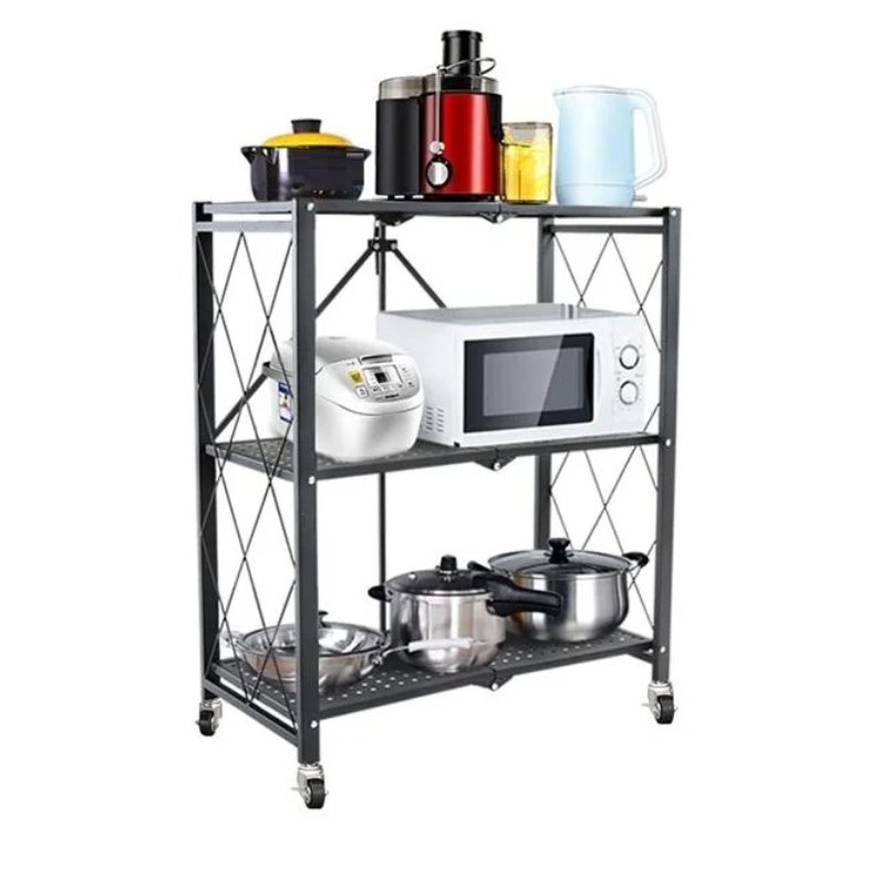Huitich black 3-tier kitchen organizer shelf with kitchen appliances and cookware on wheels
