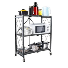 Huitich black 3-tier kitchen organizer shelf with kitchen appliances and cookware on wheels