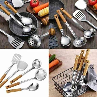 Huitich 5-piece cooking utensils silver set with wooden handles and stainless steel heads