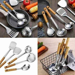 Huitich 5-piece cooking utensils silver set with wooden handles and stainless steel heads