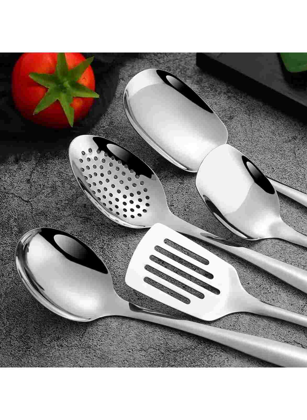 Huitich 5-piece cooking utensils silver stainless steel set with slotted and solid spoons
