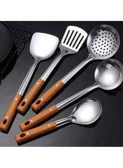 Huitich 5-piece cooking utensils silver with stainless steel heads and wooden handles set