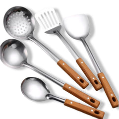 Huitich 5-piece cooking utensils silver stainless steel set with wooden handles for kitchen use