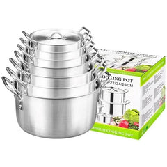 Huitich aluminum cookware 7-piece cooking set for home with nested pots and lid beside green and white box