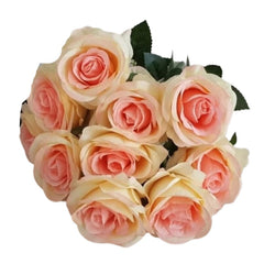 Huitich artificial pink rose bouquet with realistic light pink and cream petals and green leaves