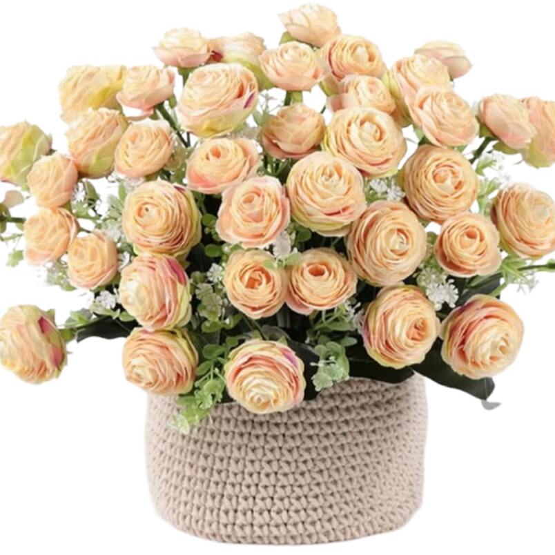 Huitich artificial pink rose bouquet in a beige knitted basket with lush green leaves and white filler flowers