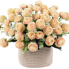 Huitich artificial pink rose bouquet in a beige knitted basket with lush green leaves and white filler flowers