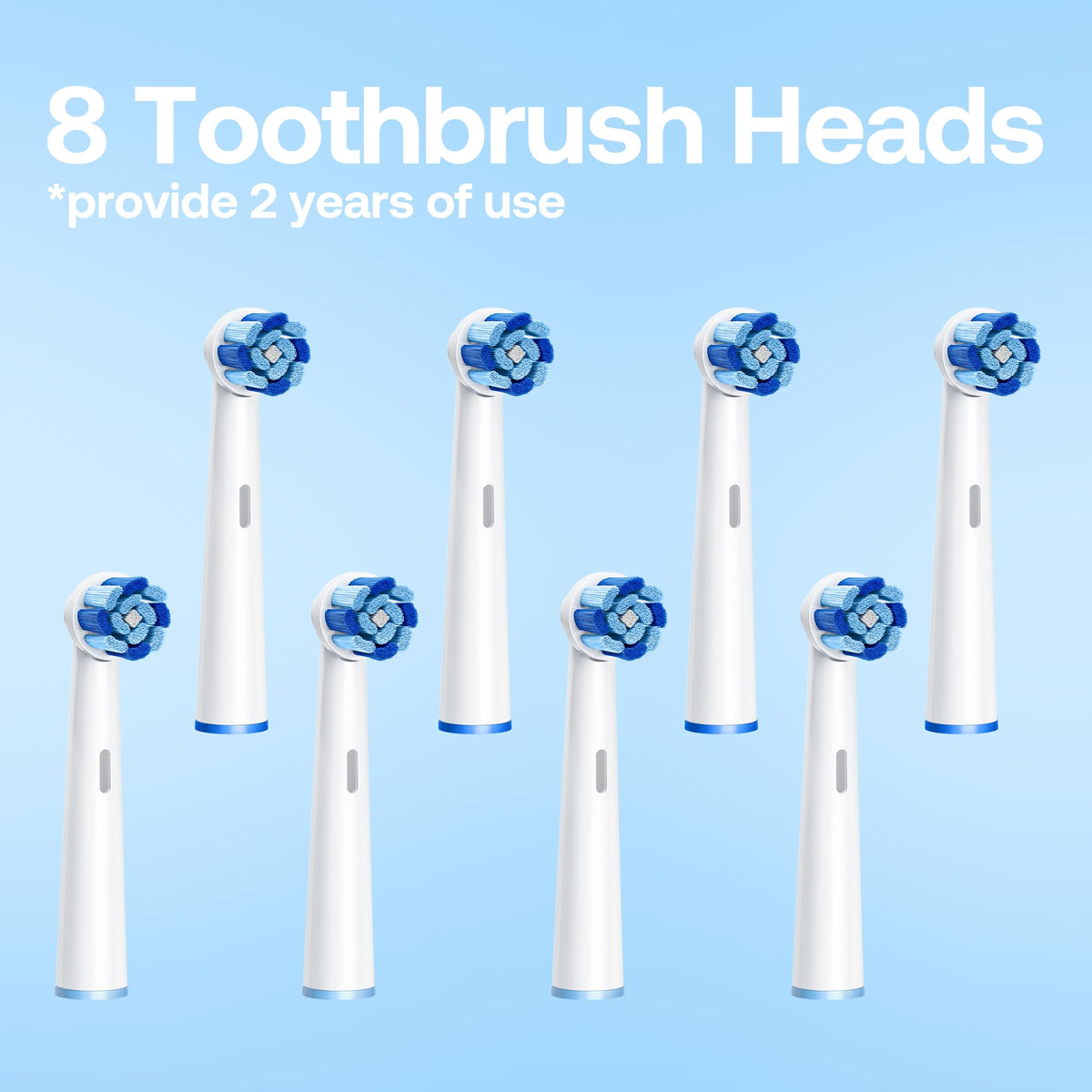Bitvae pack of 8 replacement brush heads with blue bristles on light blue background electric toothbrush for adults