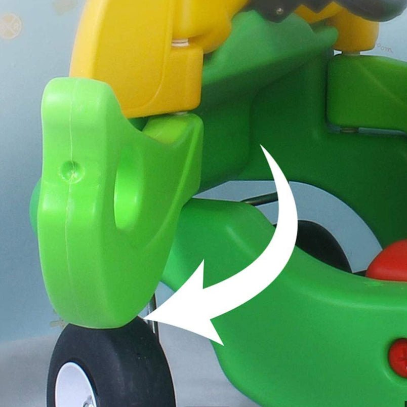 Close-up of green and yellow Huitich four wheeled infant walker toy car wheel detail