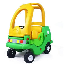 Four-wheeled infant walker toy car with yellow handlebar and green body, 4 black wheels