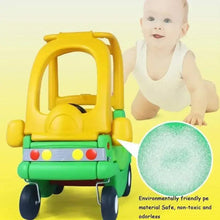 Yellow-and-green four-wheeled infant toy walker car with enclosed front and 4 wheels