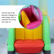 Infant walker toy car seat interior with red seat cushion and colorful side panels