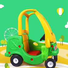 Green and yellow four-wheeled infant walker toy car with red seat and 4 wheels