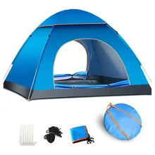Pop-up camping tent with blue shell and gray floor, front arched doorway