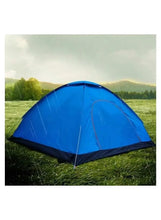 Blue pop-up camping tent with pointed roof, dark gray base, open front entrance