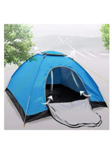 Blue camping tent with arched front door, gray groundsheet, and side mesh panel
