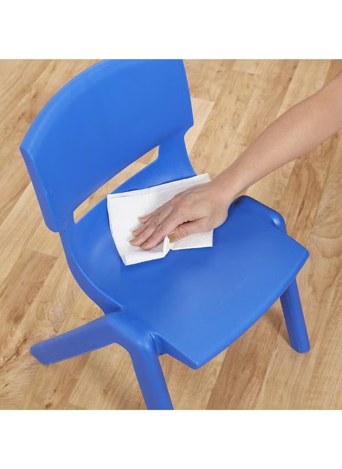 Blue lightweight playroom chair for kids being wiped clean on wooden floor
