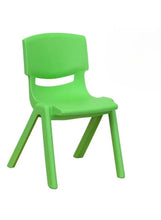 Green plastic kids chair with rounded back and cutout armrests