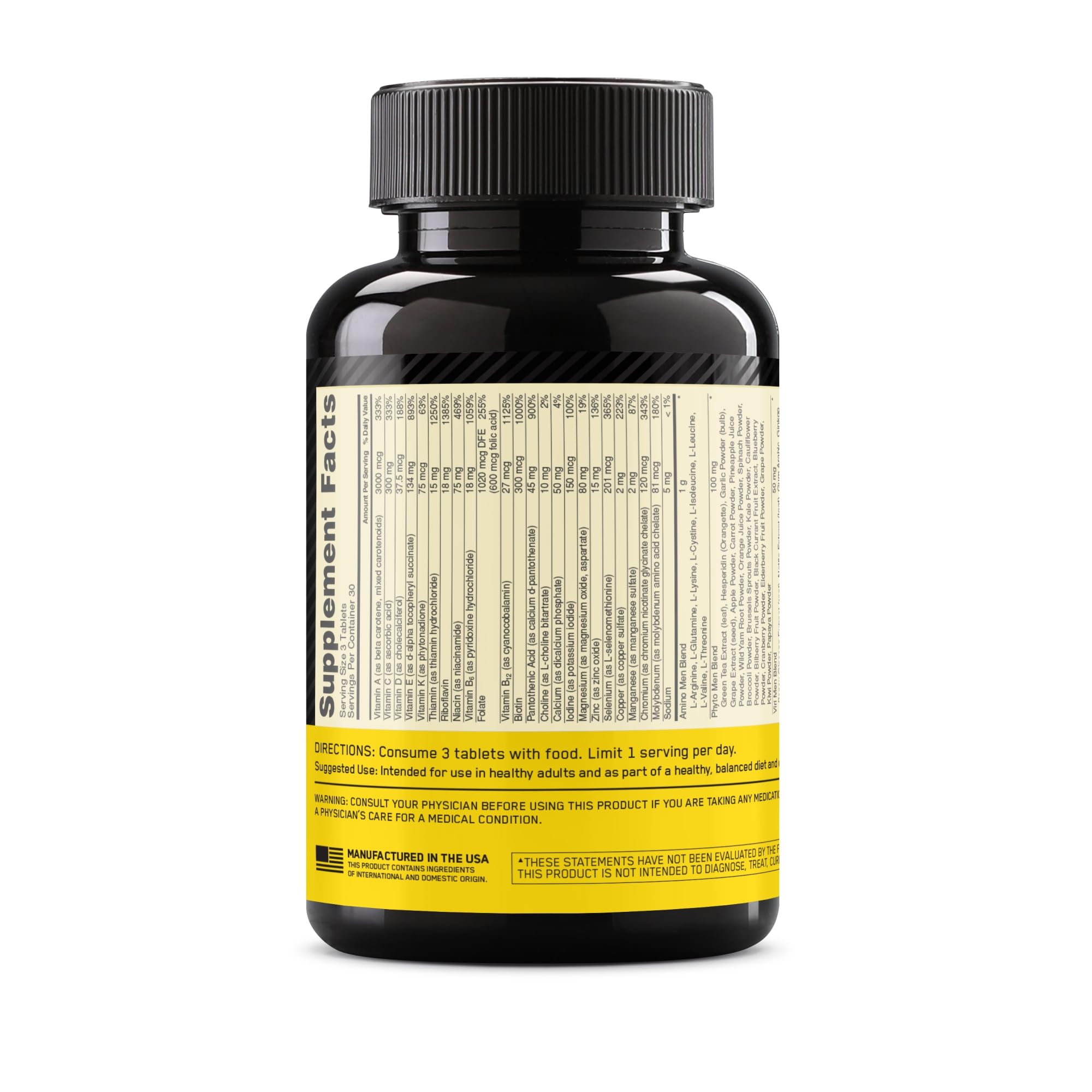 Optimum Nutrition men's daily multivitamin supplement bottle showing Supplement Facts label and directions