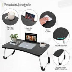 Black portable laptop desk for bed with cup holder, card slot, easy to clean surface, rounded corners, and anti-slip cotton pads
