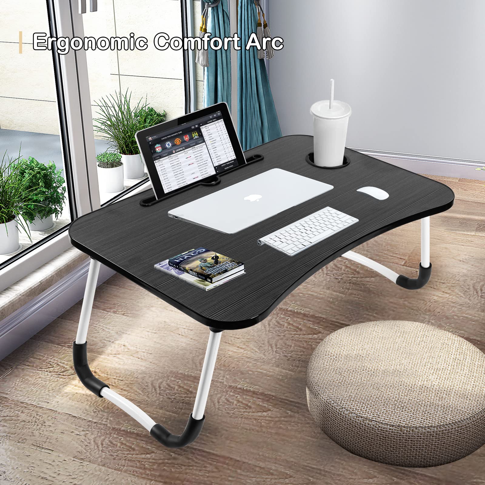 Ergonomic portable laptop desk for bed with cup holder, tablet slot, and black wood finish