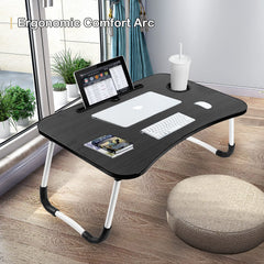 Ergonomic portable laptop desk for bed with cup holder, tablet slot, and black wood finish