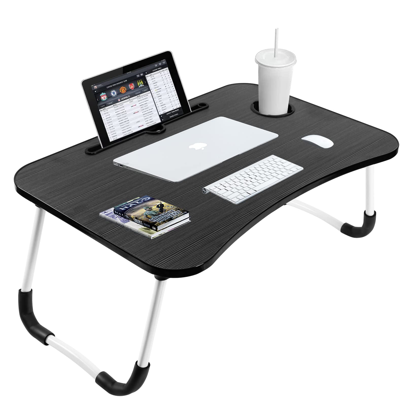 Black portable laptop desk for bed with cup holder, tablet stand, and foldable white legs